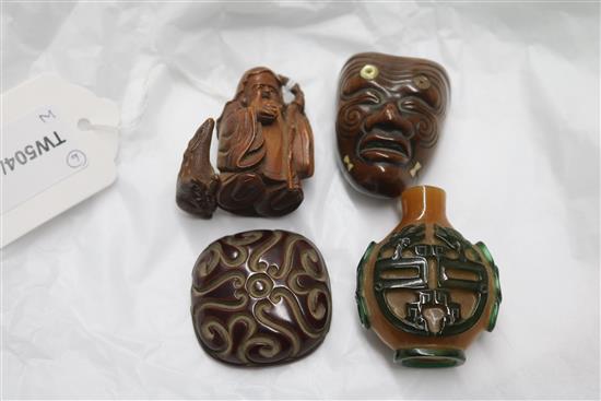 A Japanese Meiji carved wood Noh mask netsuke, signed and five other items,